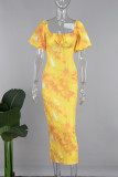 Gelbes, süßes Patchwork-Kleid mit Kordelzug, Reißverschluss, quadratischem Kragen und bedrucktem Kleid