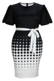 Zwarte elegante print bandage patchwork o-hals kokerrok plus maten jurken
