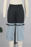 Pantaloni patchwork con altoparlante a vita alta con patchwork a blocchi di colore azzurro da strada (cinghie incluse)