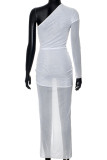 White Street – robe longue en maille transparente, asymétrique épaule dénudée, couleur unie, patchwork, robes longues
