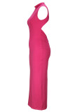 Розово-красные элегантные однотонные лоскутные длинные платья с открытой спиной и круглым вырезом
