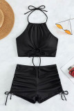 Black Solid Patchwork Swimwears