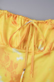 Vestidos amarelos com estampa doce patchwork cordão com zíper gola quadrada vestidos estampados