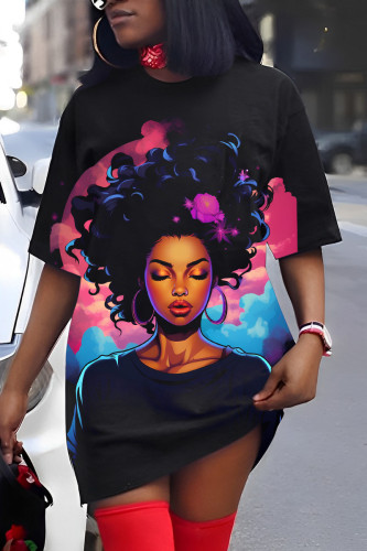 Black Casual Print Basic O Neck Short Sleeve Dress