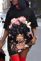 Black Pink Casual Print Basic O Neck Short Sleeve Dress