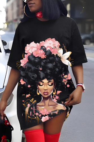Black Pink Casual Print Basic O Neck Short Sleeve Dress