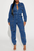 Темно-синие уличные однотонные бандажные лоскутные комбинезоны с карманами и пряжкой с отложным воротником и длинными рукавами, обычные джинсовые комбинезоны