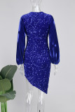 Royal Blue Elegant Solid Sequins Patchwork V Neck Irregular Dress Dresses