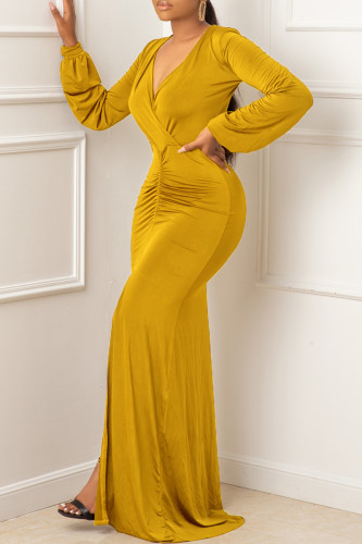 Yellow Elegant Solid Patchwork Slit Fold V Neck Long Dress Dresses