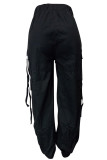 Pantalones callejeros de patchwork liso con hebilla de bolsillo regular cintura alta pierna ancha color sólido negro