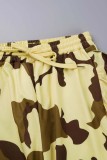 Pantalon décontracté à imprimé camouflage, patchwork, taille haute, conventionnel, imprimé complet, blanc