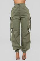 Verde rua sólido retalhos bolso fivela regular cintura alta perna larga calças de cor sólida