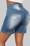 Pantaloncini di jeans regolari a vita media con cerniera patchwork strappati solidi blu dolce