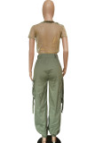 Grüne Street Solid-Patchwork-Taschenschnalle, normale, einfarbige Hose mit hoher Taille und weitem Bein