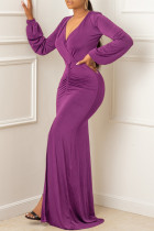 Фиолетовые элегантные однотонные лоскутные длинные платья с разрезом и V-образным вырезом