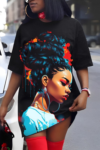 Blue Black Casual Print Basic O Neck Short Sleeve Dress