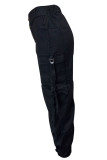 Preto rua sólido retalhos bolso fivela regular cintura alta perna larga calças de cor sólida