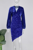Azul real elegante sólido lentejuelas patchwork cuello en V vestido irregular Vestidos