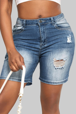 Blue Sweet Solid Patchwork Pocket Buttons Zipper Mid Waist Regular Distressed Ripped Denim Shorts