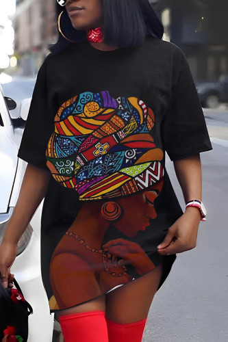 Black Brown Casual Print Basic O Neck Short Sleeve Dress