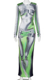 Grünes, sexy bedrucktes Patchwork-Kleid mit O-Ausschnitt und bedrucktem Kleid