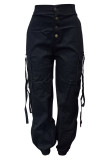 Pantalones callejeros de patchwork liso con hebilla de bolsillo regular cintura alta pierna ancha color sólido negro