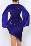 ロイヤルブルーのエレガントな固体スパンコールパッチワークVネック不規則なドレスドレス