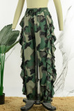 Paarse casual broek met camouflageprint en patchwork, normale hoge taille, conventionele broek met volledige print