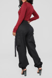 Черный Уличный однотонный пэчворк с карманной пряжкой, стандартная высокая талия, широкие брюки, однотонные плавки
