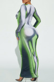 Grünes, sexy bedrucktes Patchwork-Kleid mit O-Ausschnitt und bedrucktem Kleid