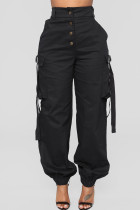 Schwarze Street Solid Patchwork-Taschenschnalle, normale, einfarbige Hose mit hoher Taille und weitem Bein