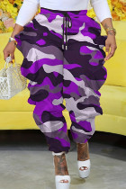 Pantalon décontracté à imprimé camouflage, patchwork, taille haute, conventionnel, imprimé complet, violet