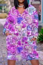 Пурпурные повседневные базовые платья с длинным рукавом с принтом и v-образным вырезом