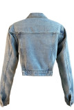 Голубая повседневная однотонная джинсовая куртка в стиле пэчворк с асимметричным отложным воротником и длинными рукавами