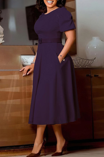 Dark Purple Elegant Solid Patchwork With Belt O Neck A Line Dresses