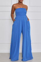 Blue Casual Solid Patchwork Fold Strapless Loose Jumpsuits