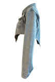 Lichtblauw, casual effen patchwork, asymmetrische kraag, normale spijkerjas met lange mouwen