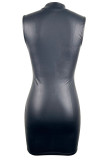 Черные сексуальные однотонные лоскутные платья с юбкой и круглым вырезом