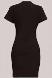 Black Casual Character Print Letter O Neck One Step Skirt Dresses