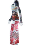 Robe imprimée à col rond en couleur, imprimé de rue, patchwork