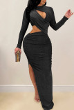 Schwarze, sexy, einfarbige, ausgehöhlte Patchwork-Schlitz-O-Ausschnitt-Kleider mit unregelmäßigem Schnitt