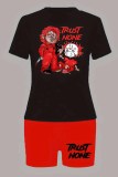 Черный Красный Повседневный персонаж Принт Буква O-образный вырез С короткими рукавами Две части