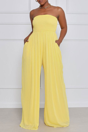 Yellow Casual Solid Patchwork Fold Strapless Loose Jumpsuits