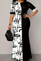 Zwart-witte beroemdheden print patchwork rits O-hals bedrukte jurk plus maten jurken