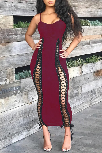 Burgundy Sexy Casual Solid Patchwork Frenulum Backless Spaghetti Strap Long Dress Dresses