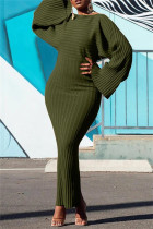 グリーン カジュアル ソリッド パッチワーク O ネック ワン ステップ スカート ドレス
