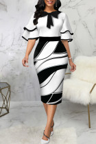 ホワイトのエレガントなプリント パッチワーク リボン コントラスト ジッパー O ネック ペンシル スカート ドレス