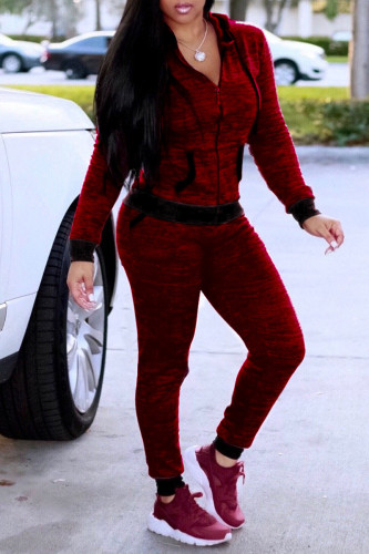 Burgundy Casual Pocket Zipper Hooded Collar Long Sleeve Jackets And Skinny Pants Two Pieces Sweatsuit Sets