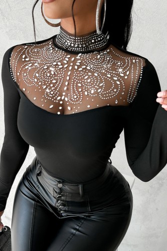 Black Sexy Patchwork Hot Drilling See-through Turtleneck Tops