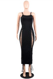 Black Sexy Casual Solid Patchwork Frenulum Backless Spaghetti Strap Long Dress Dresses